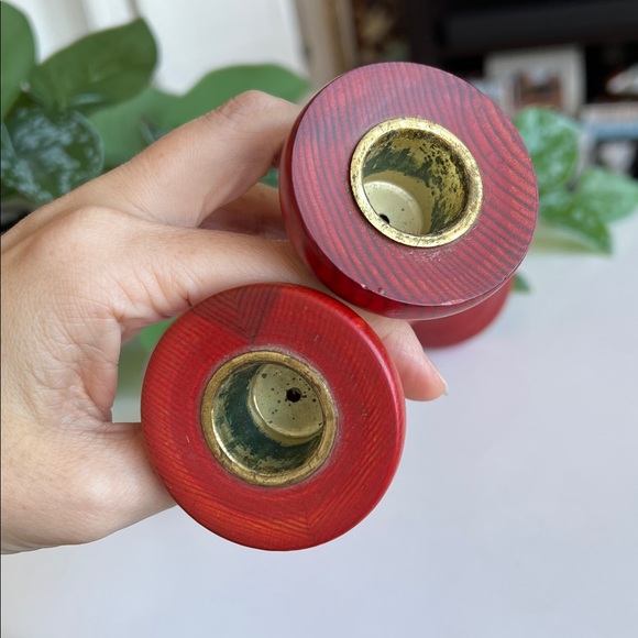 Vintage Red Wood Candle Holders Pair Made in Sweden - Picture 7 of 12